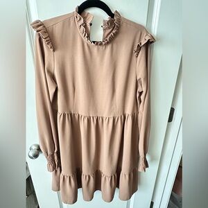 Tan Ruffle Long Sleeve Dress